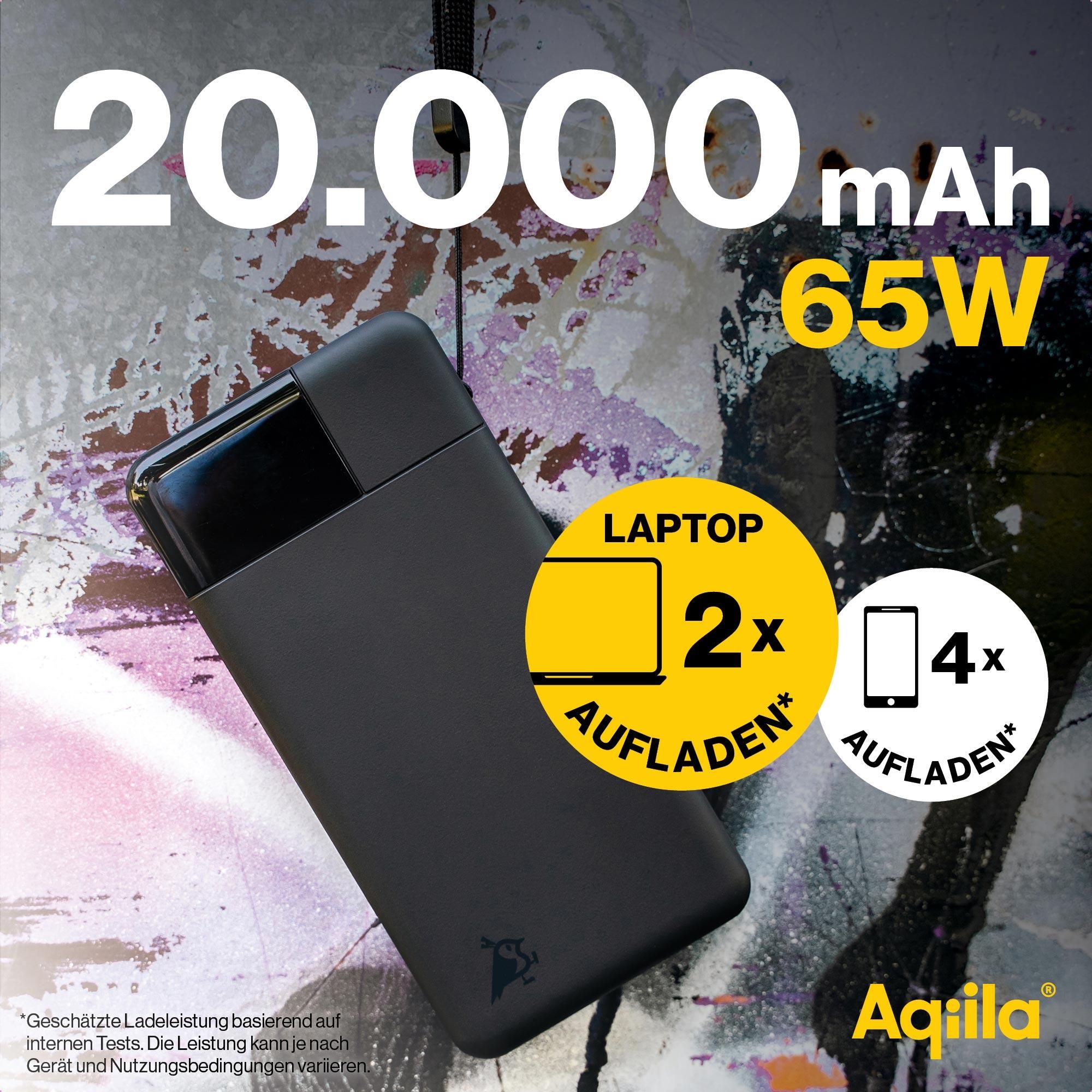 Powerbank, Lithium-Ionen, 20.000 mAh, 65 W, Laptopaufladen