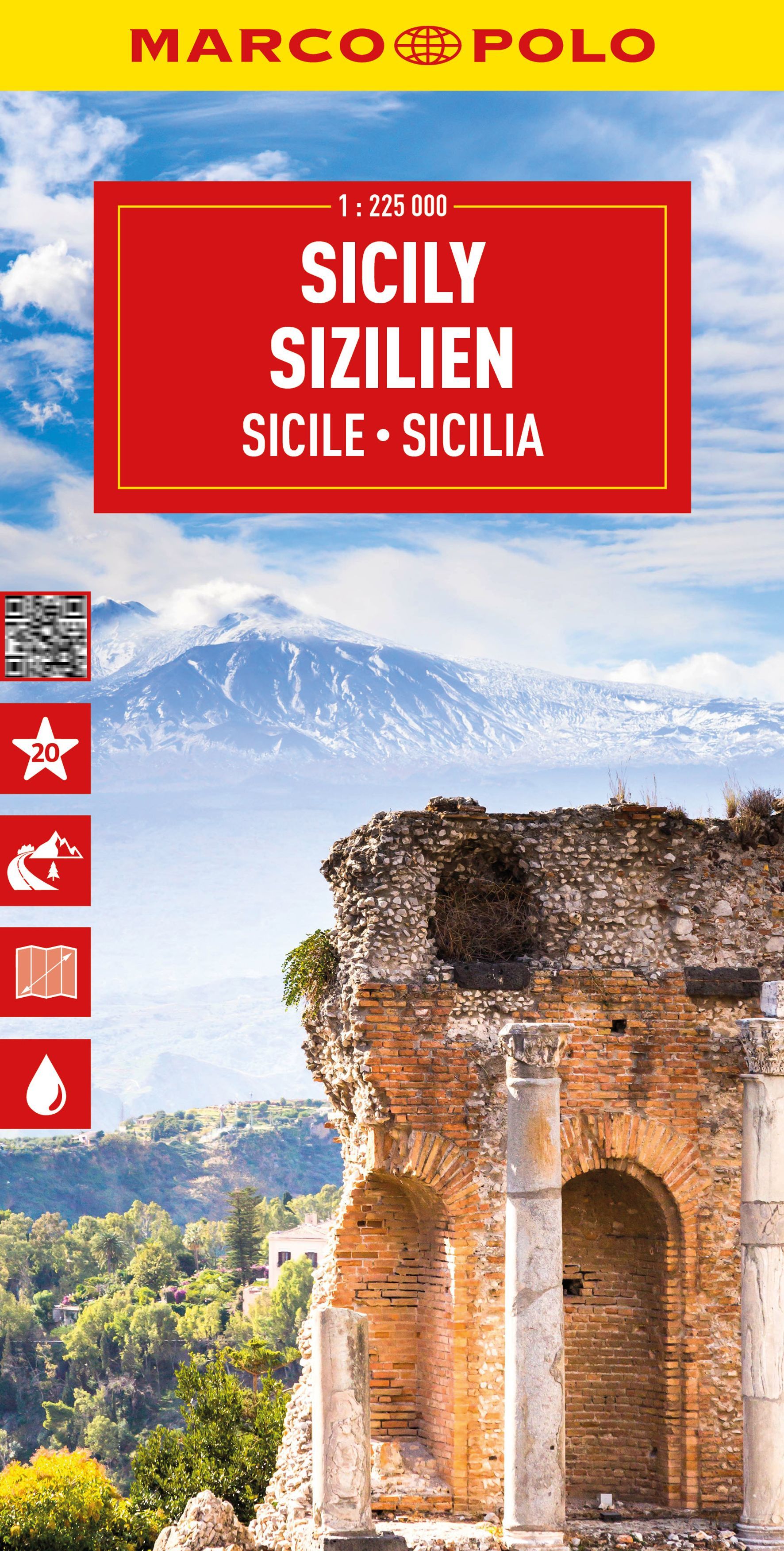 MARCO POLO Reisekarte Italien 14 Sizilien Cover Marco Polo Reisekarte Sizilien.Ruinen im Hintergrund Land und der Ätna
