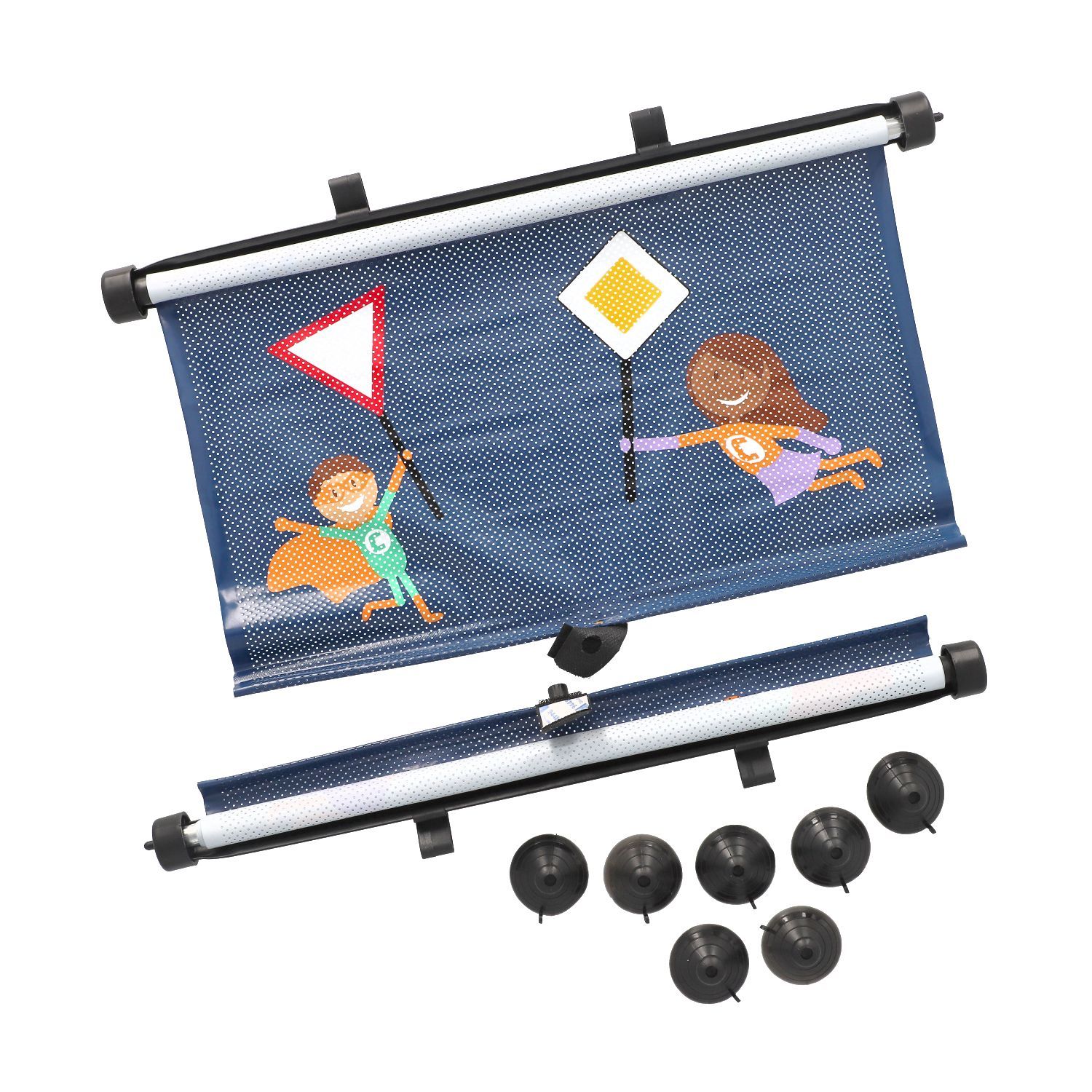 Kids Sonnenschutzrollo PKW 2er Set ausgezogen mit Kindermotiven und Verkehrsschildern und Befestigungssaugnäpfen