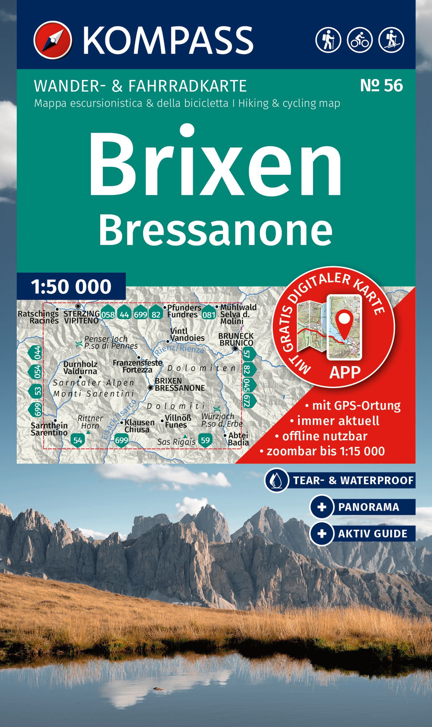 KOMPASS Wanderkarte 56 Brixen/Bressanone 1:50.000 Werbung, Plakat, Natur, Draußen, Gipfel