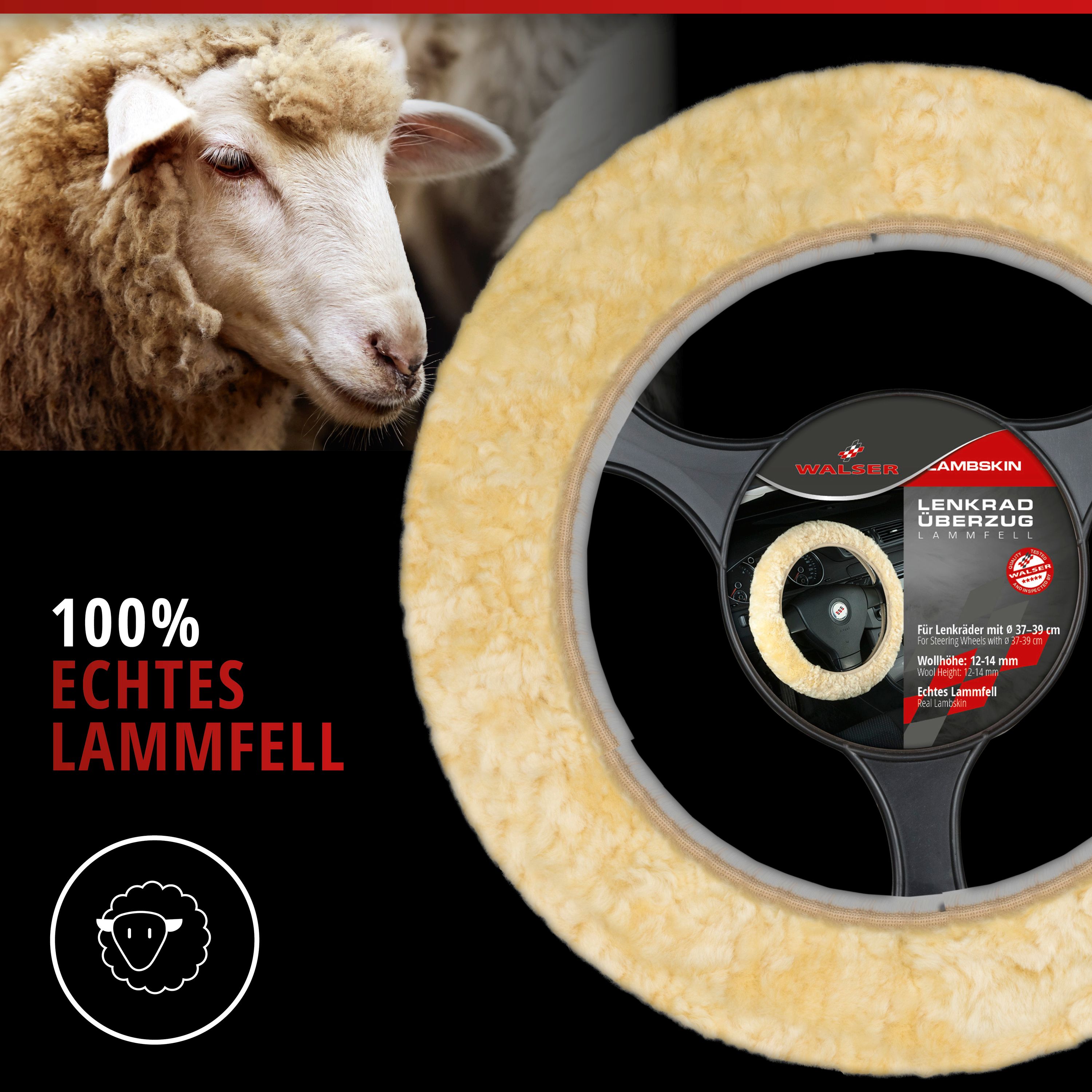 Lenkradbezug Lammfell beige, Beispielbild mit Schaf