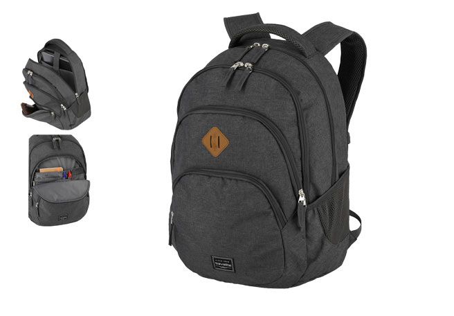 000009007770023816__PDF travelite Basics Rucksack drei Abbildungen von vorne, geöffnet vordere Tasche, geöffnet oben