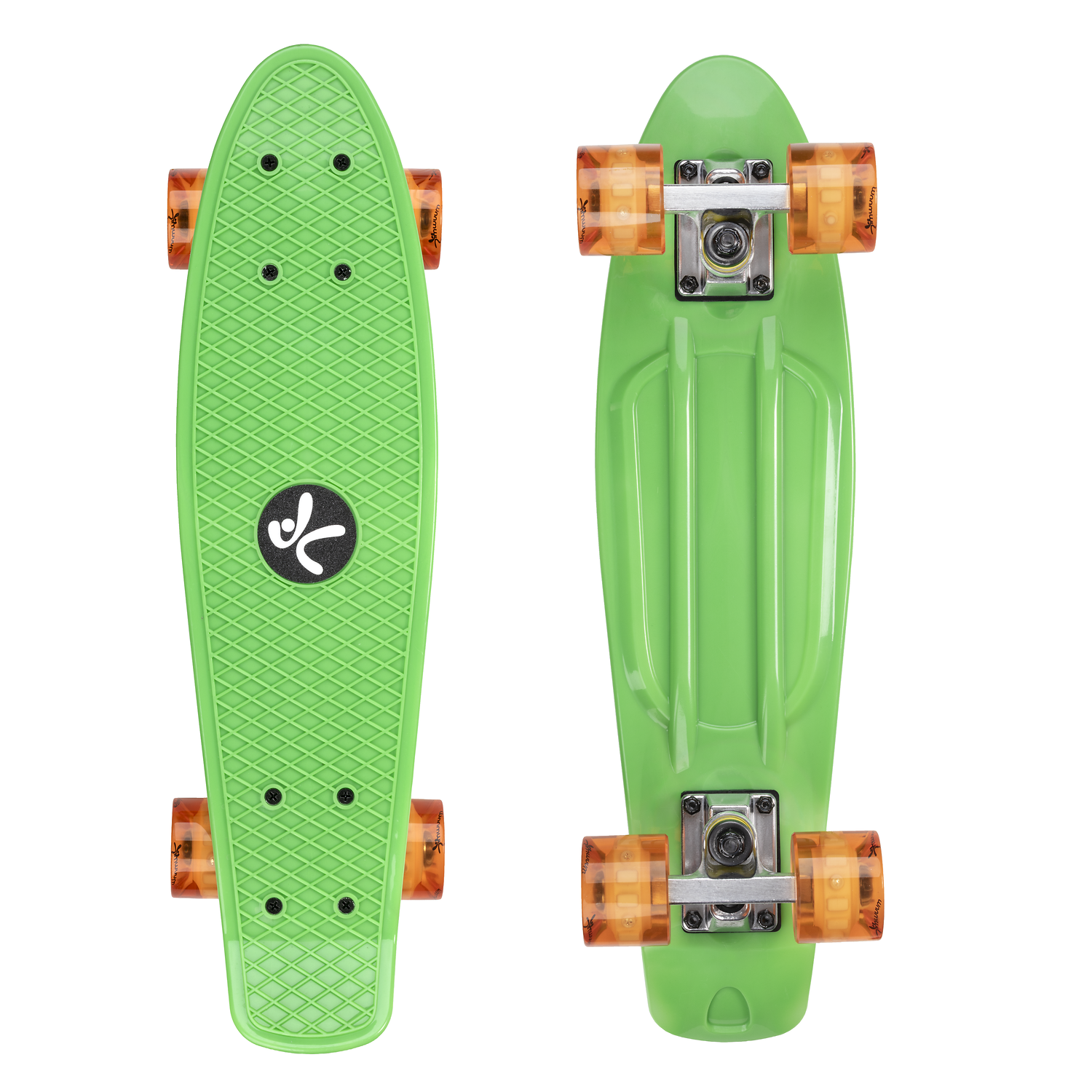 Penny Board, Mini skateboard, Grüner Deck, Kunststoff-Deck, Orangene Rollen