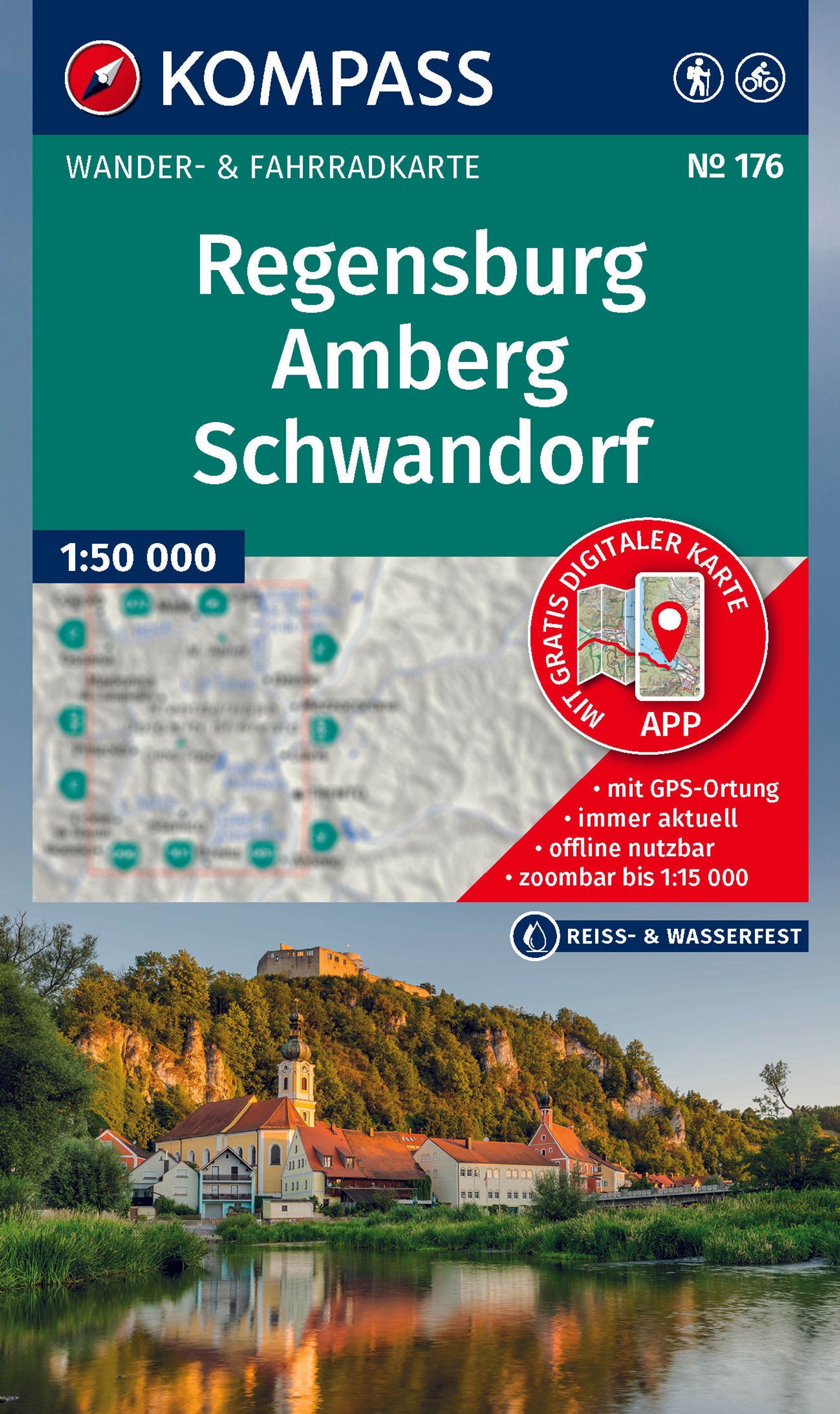 KOMPASS Wanderkarte Regensburg, Amberg, Schwandorf Werbung, Plakat, Wasser, Uferpromenade