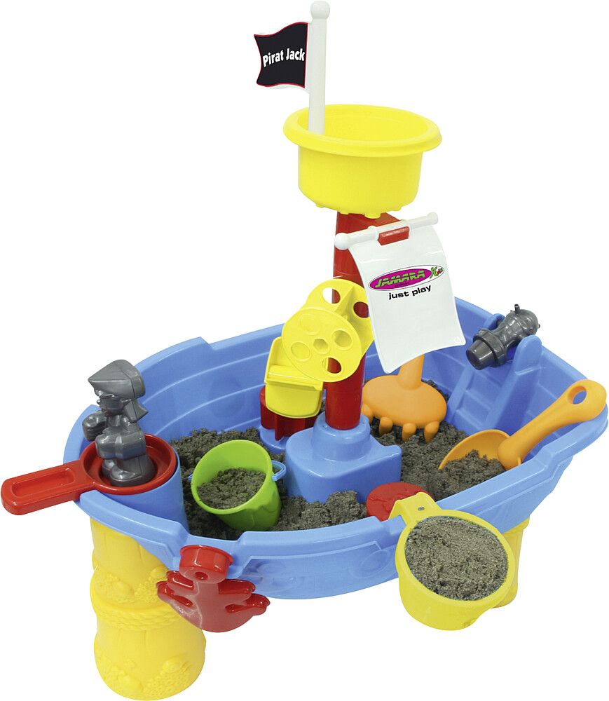 Sand- und Wasserspieltisch, zusammengebaut und mit vielen buten Spiel-Förmchen und Sand befüllt