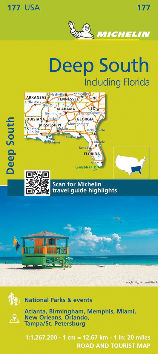 9782067190566 Michelin Deep South Karte, gelber Titel mit Strand und Meer