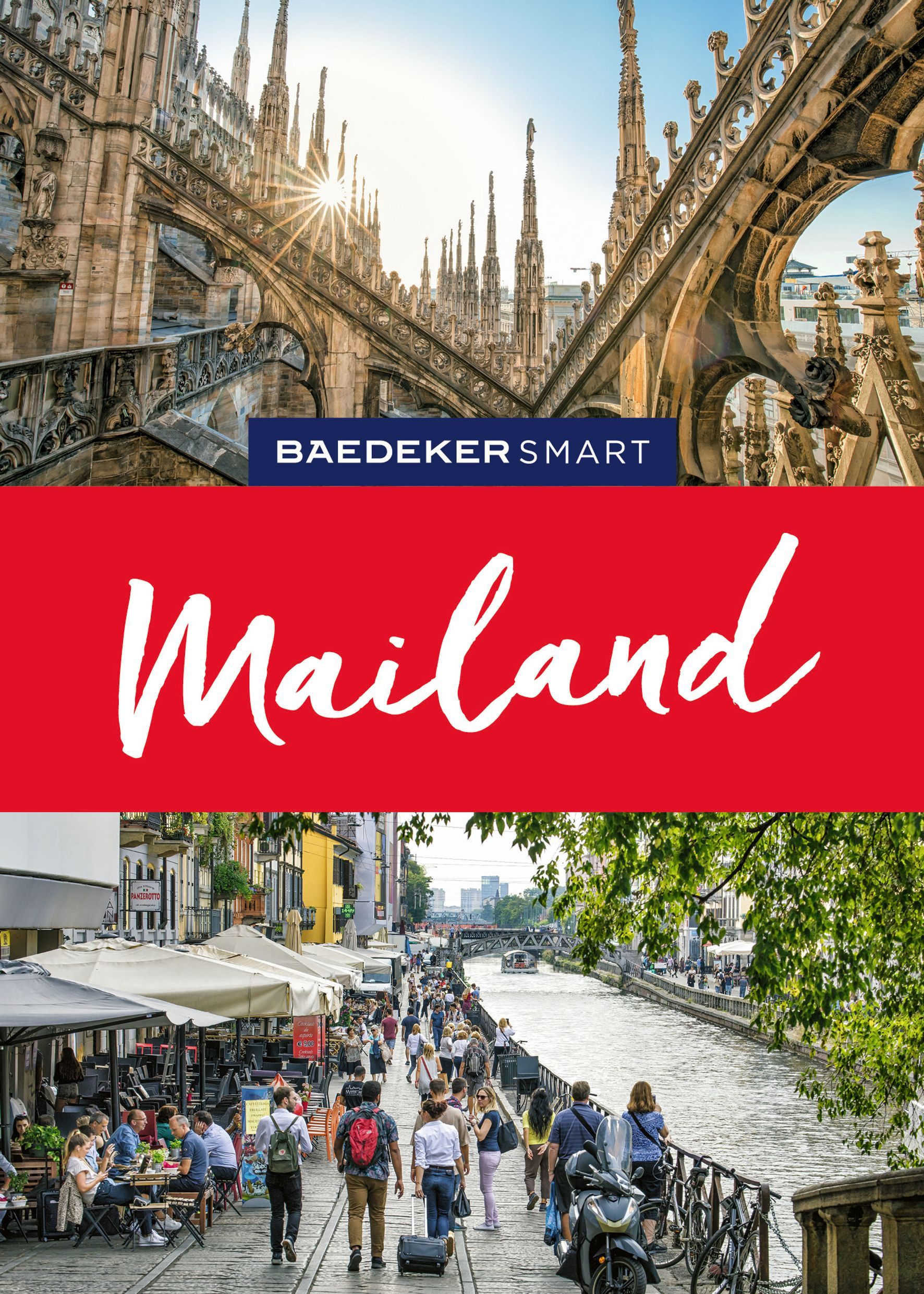 Baedeker SMART Reiseführer Mailand Cover Baedeker Reiseführer Smart Mailand. Stadt, Straße, Rucksack, Schuh, Boot