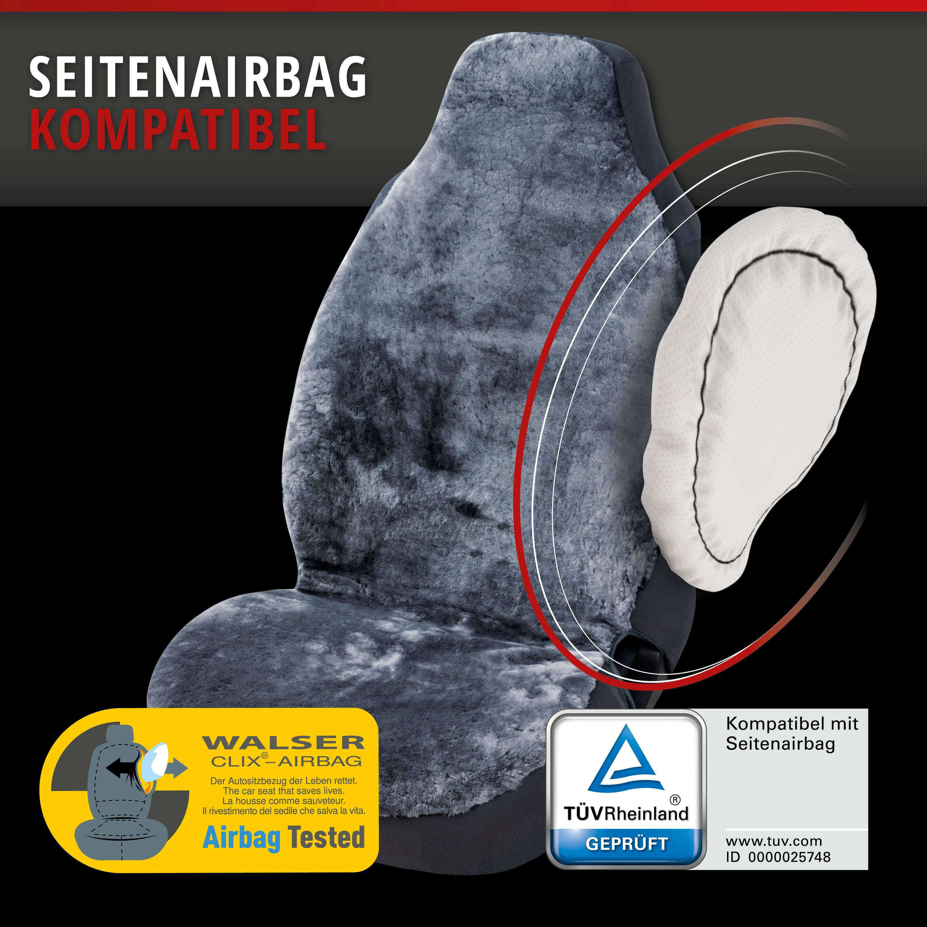 Autositzbezug Zoya Lammfell anthrazit, montiert mit Seitenairbag