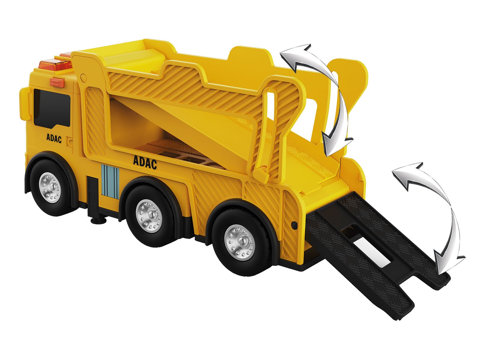 ADAC, Spielzeug-Truck, gelb, Ladefläche, Rampe, Pfeile, Funktion, kindgerecht, realistisch, Transport, Fahrzeug.