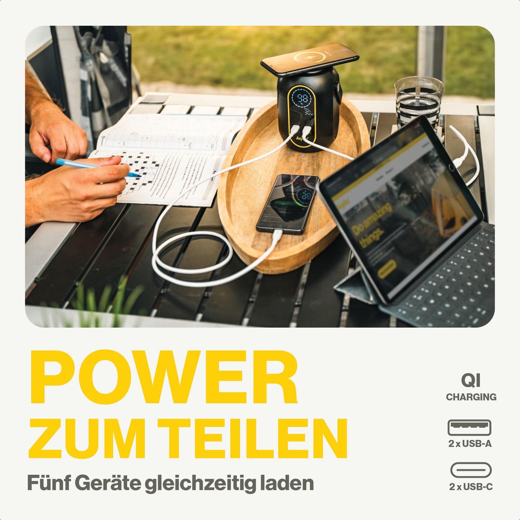 Powerbank, Ladegerät, USB-C, USB-A, Qi-Charging