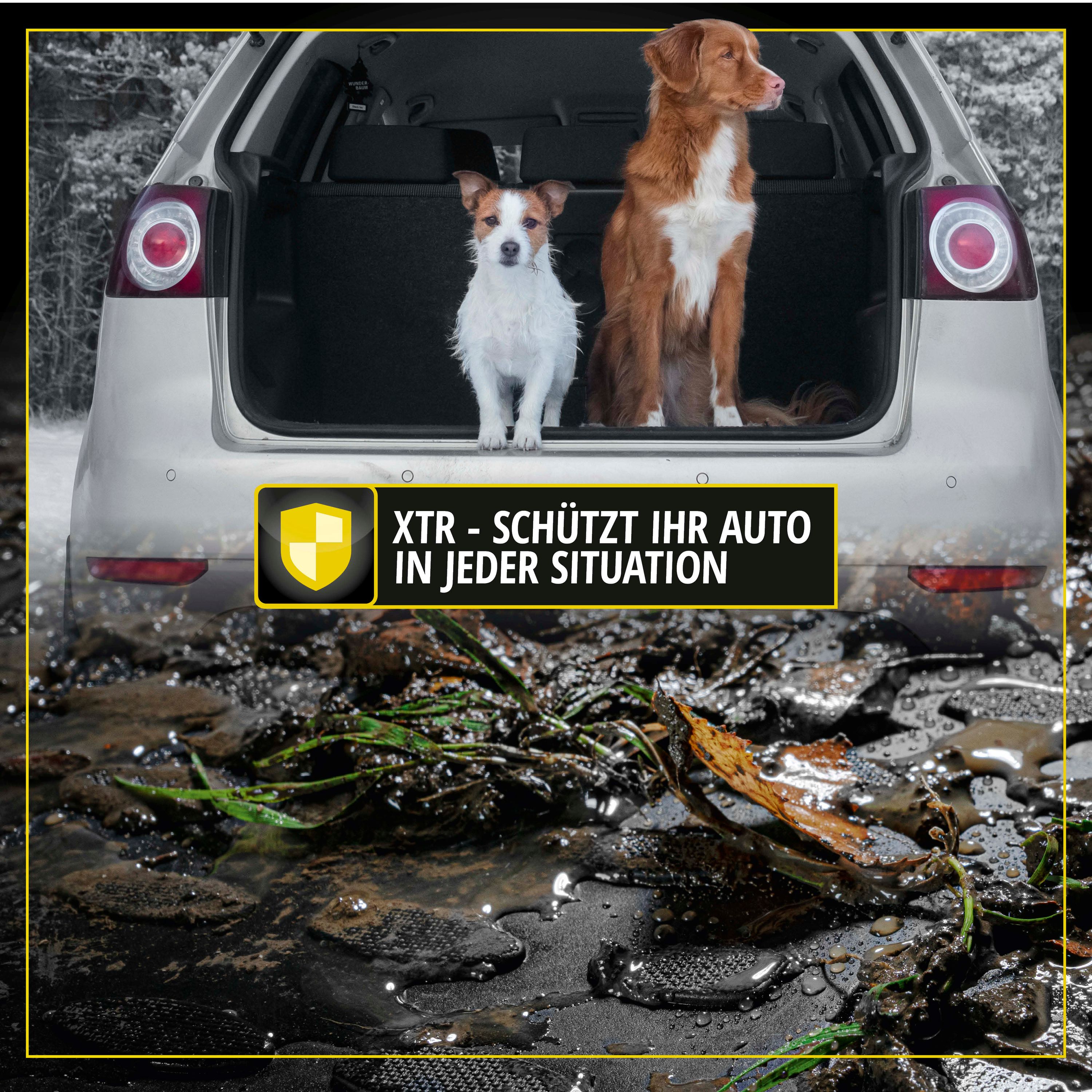 9001778710154_005 Kofferraummatte mit Hunden im Kofferraum und Dreck auf der Matte