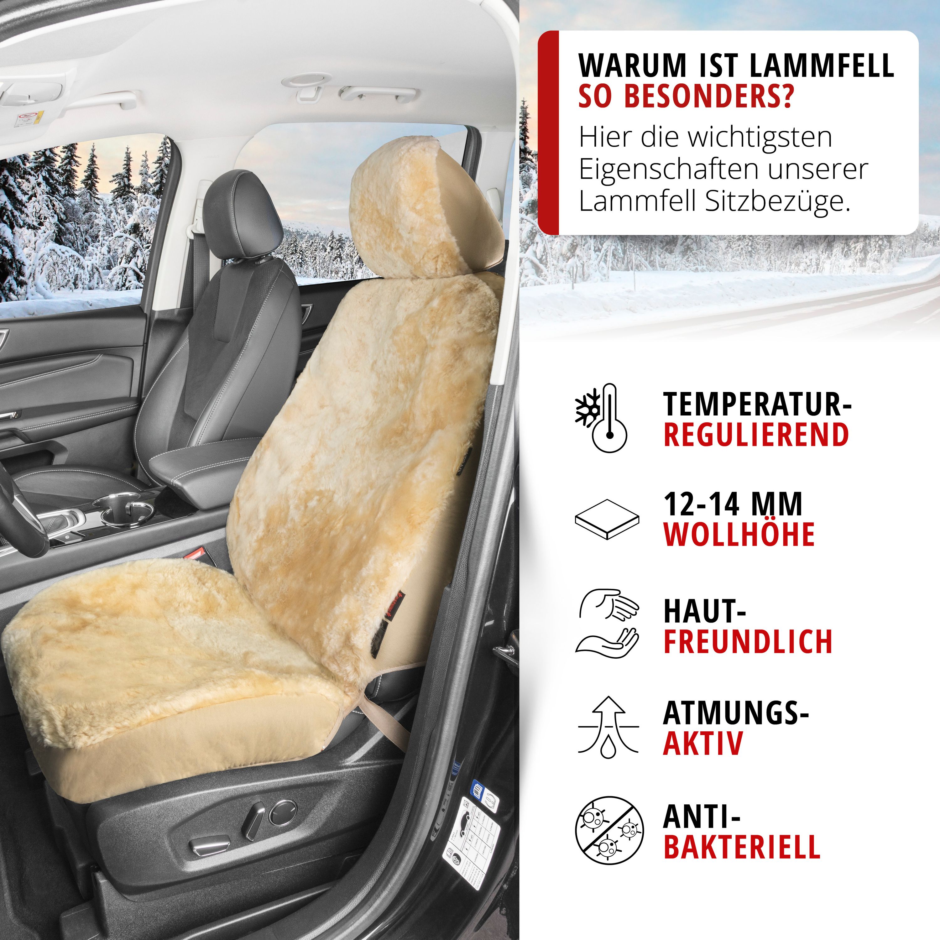 9001778200198_0025T43MmAav8TKH Autositzbezug Iva Lammfell Beige, im Auto montiert mit Vorteilen des Lammfells