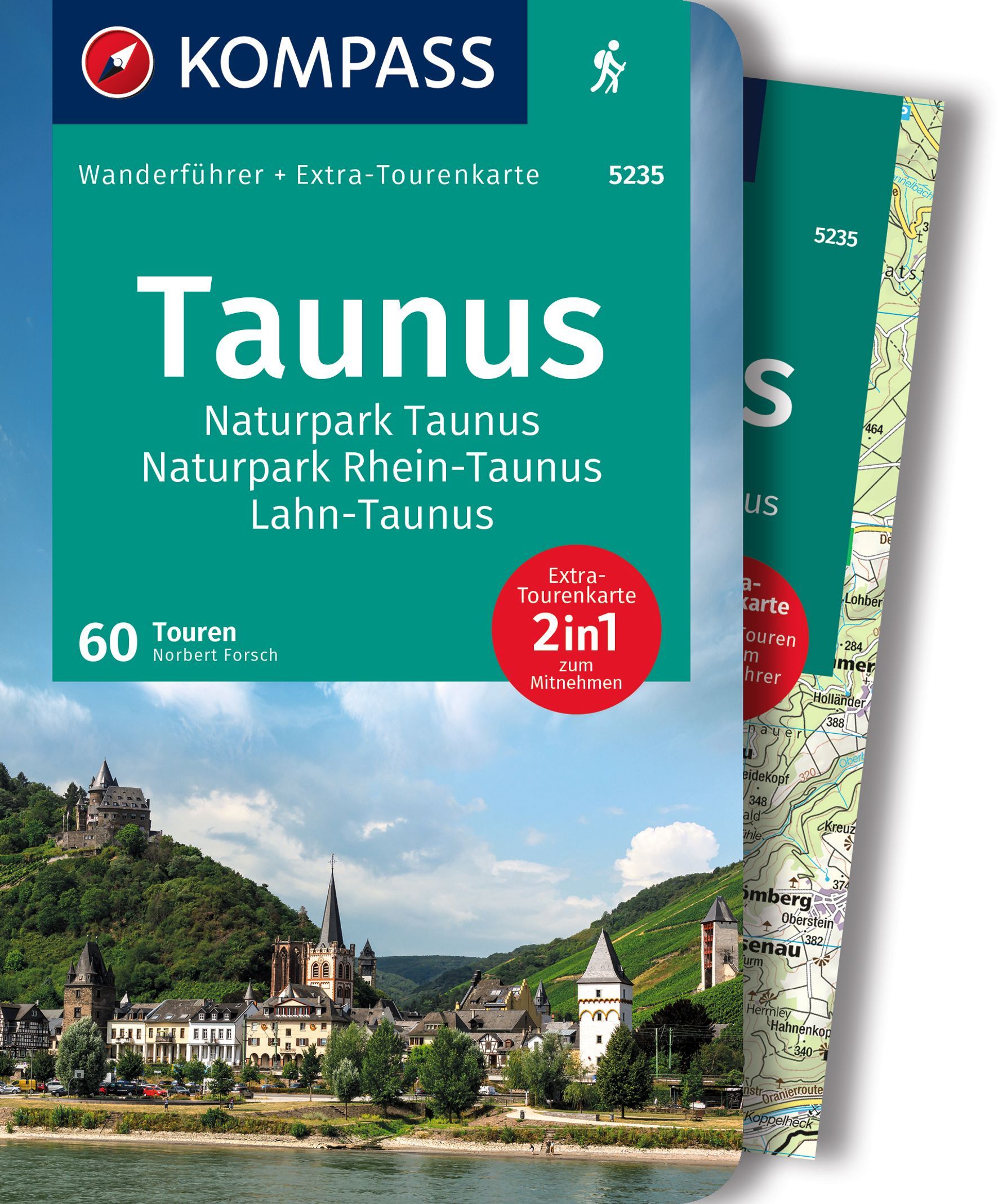 9783991216124 KOMPASS Wanderführer Taunus, Naturpark Taunus, Cover Fluss mit Schloss und Berglandschaft