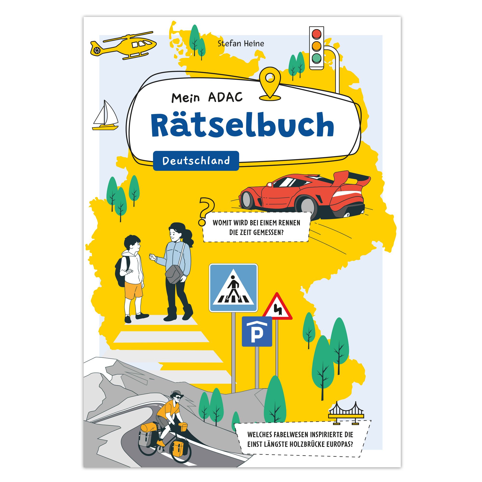 Mein ADAC Rätselbuch – Deutschland ADAC Rätselbuch, Cover mit Deutschland und verschiedenen Verkehrsszenarien gezeichnet