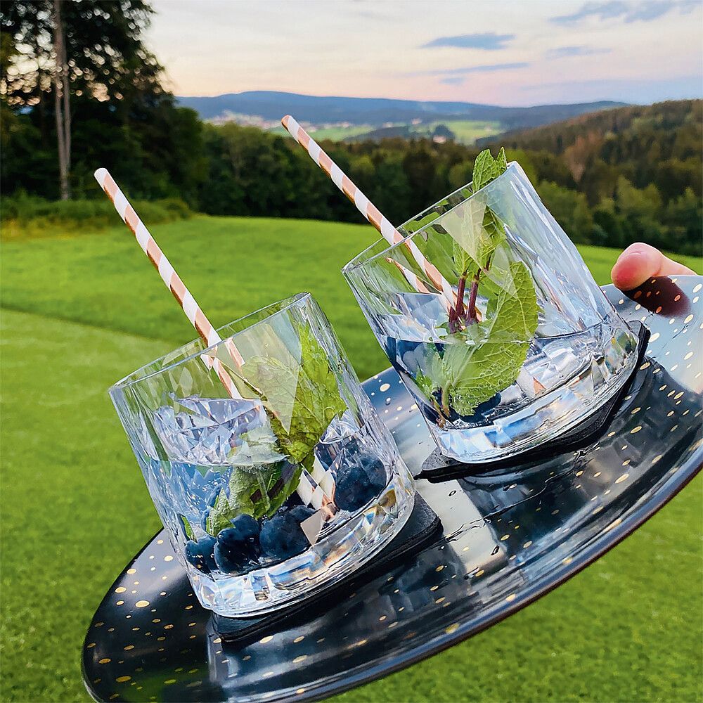 Silwy Magnet-Kunststoffgläser Tumbler, auf einem Tablett abgestellt mit Getränk befüllt und mit einer Wiese und Landschaft im Hintergrund