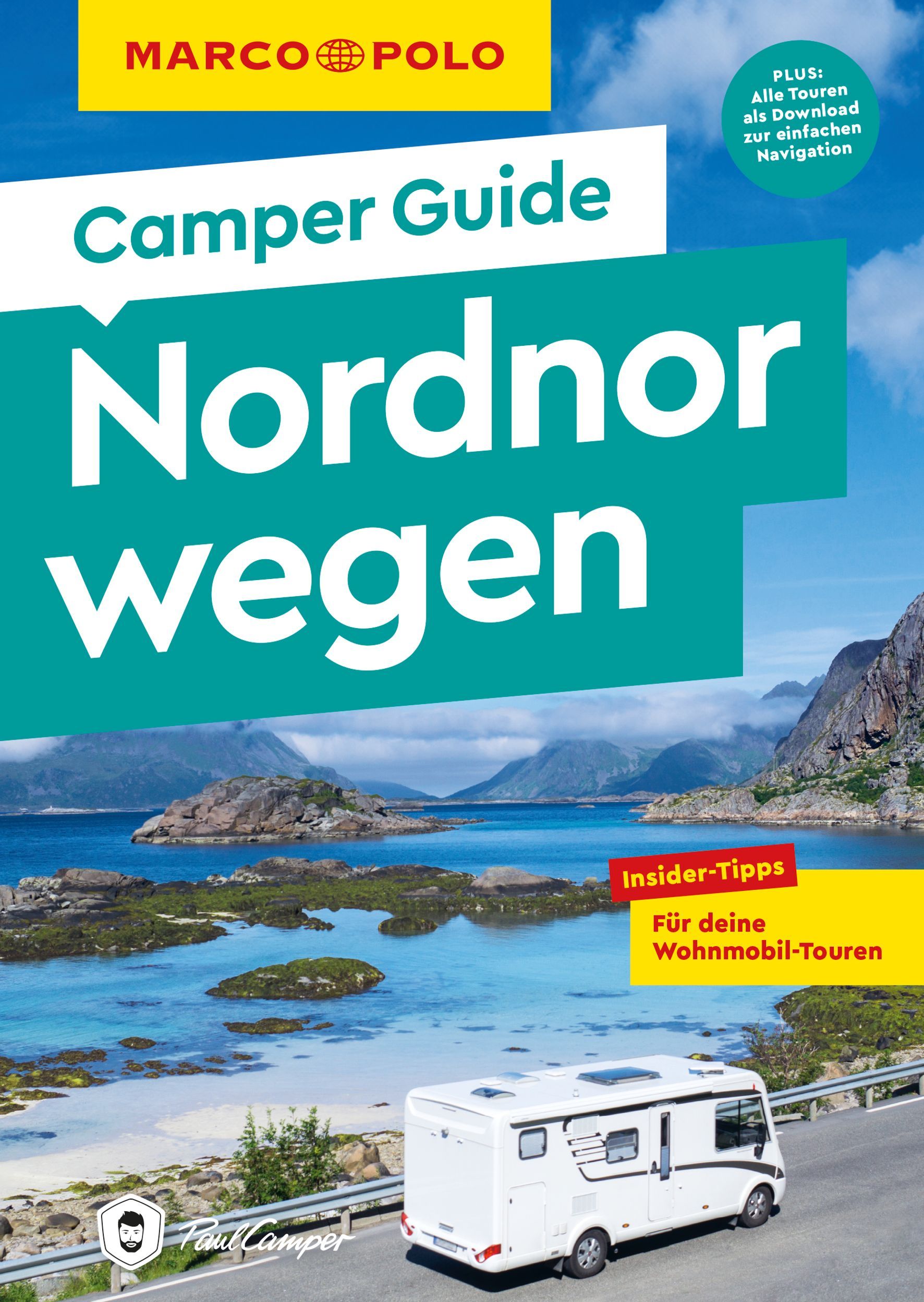 MARCO POLO Camper Guide Nordnorwegen Cover Marco Polo Camper Guide Norwegen. Wohnmobil auf Straße und Fjorden im hintergrund