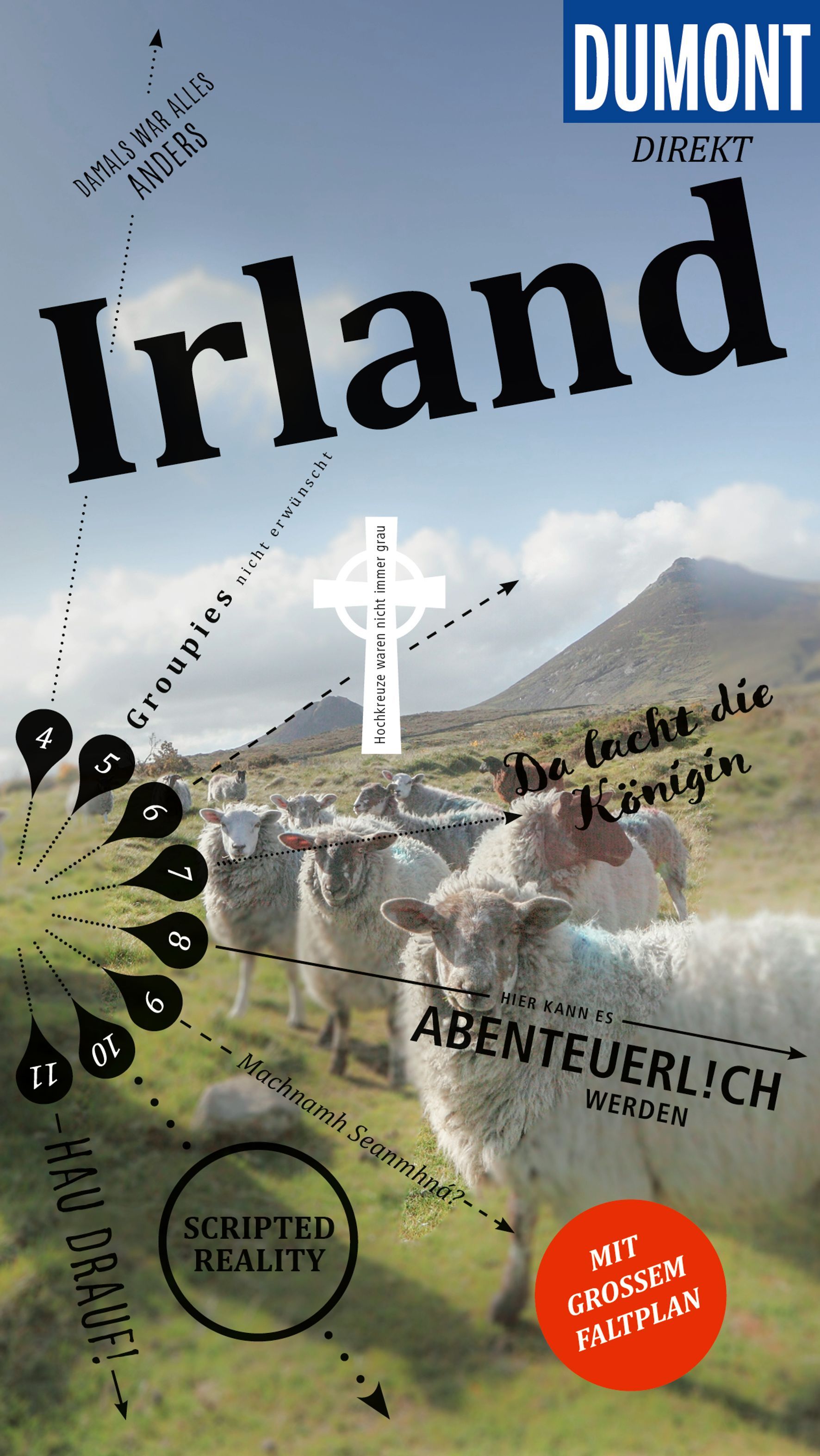 9783616000145 DuMont direkt Reiseführer Irland, Cover Ziegen im Vordergrund mit Wiese und Bergen im Hintergrund