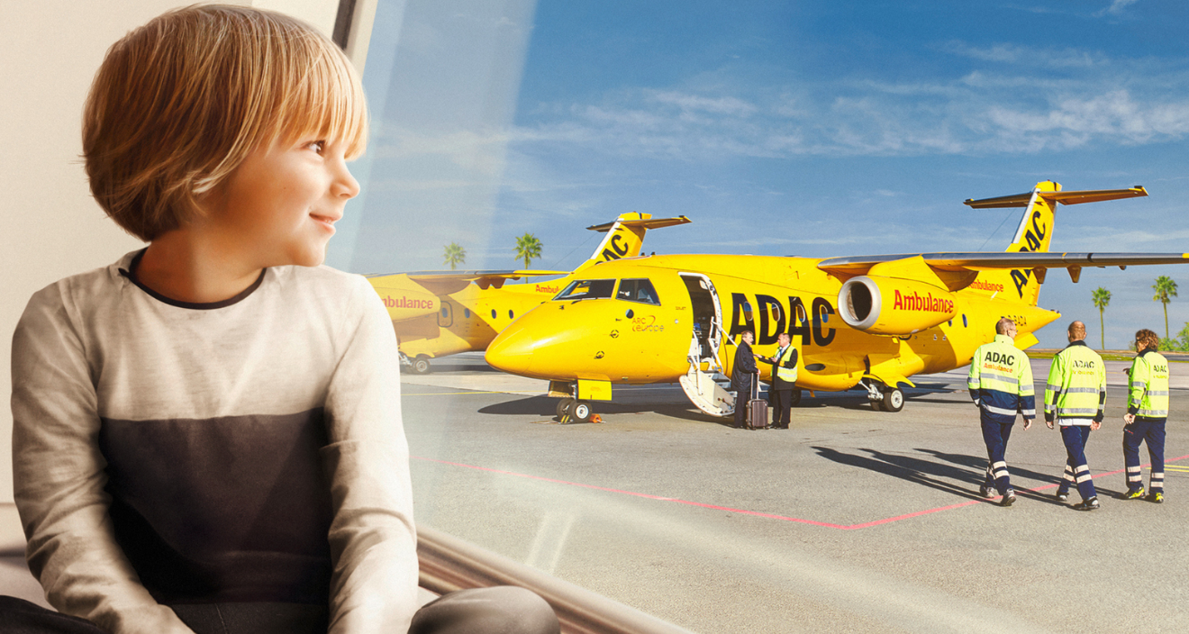 Kind, Blick aus Fenster, Flugzeug, Gelbes Flugzeug, ADAC