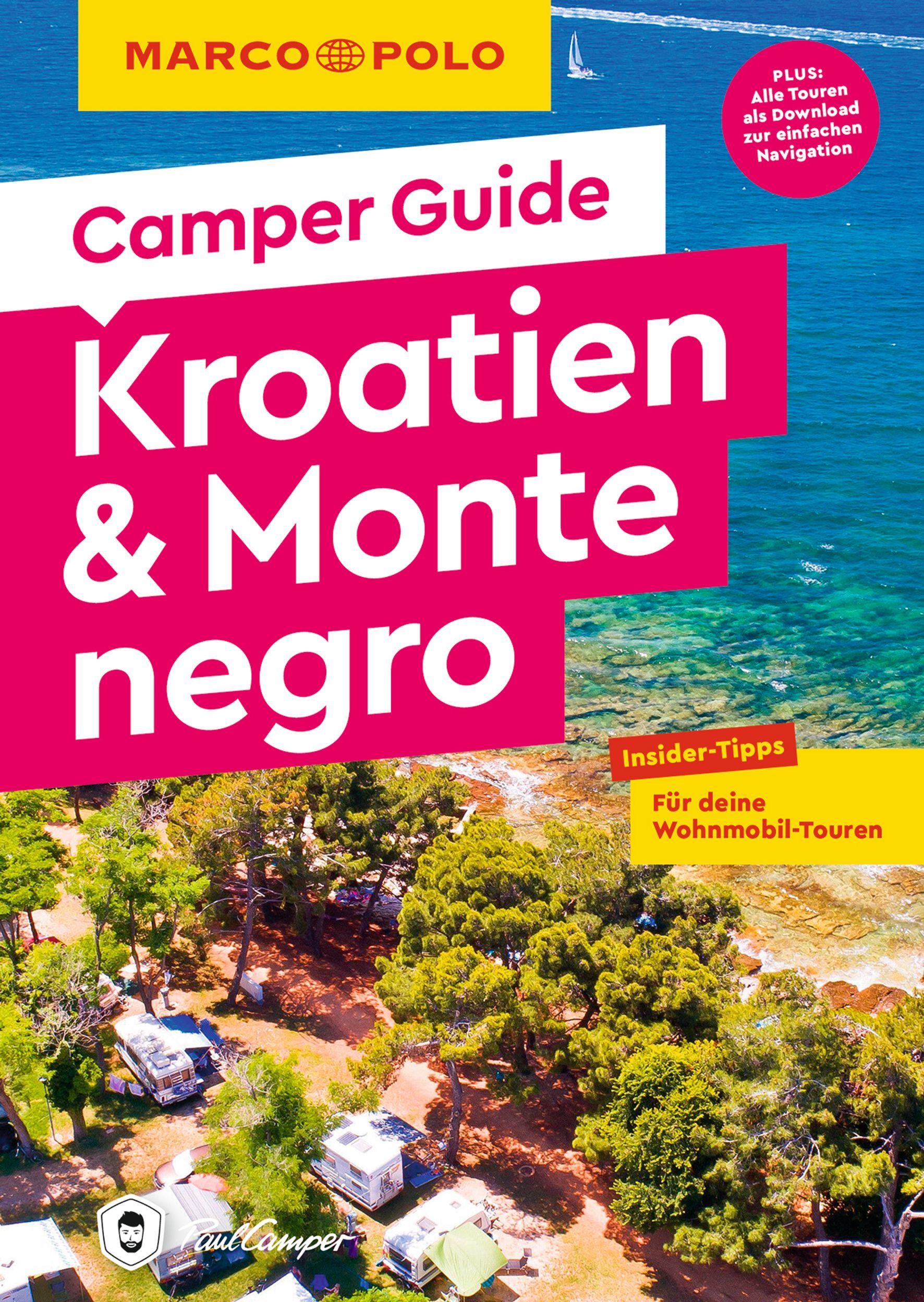 MARCO POLO Camper Guide Kroatien & Montenegro Cover Marco Polo Camper Guide Kroatien und Montenegro. Campingplatz mit Bäumen direkt am Meer
