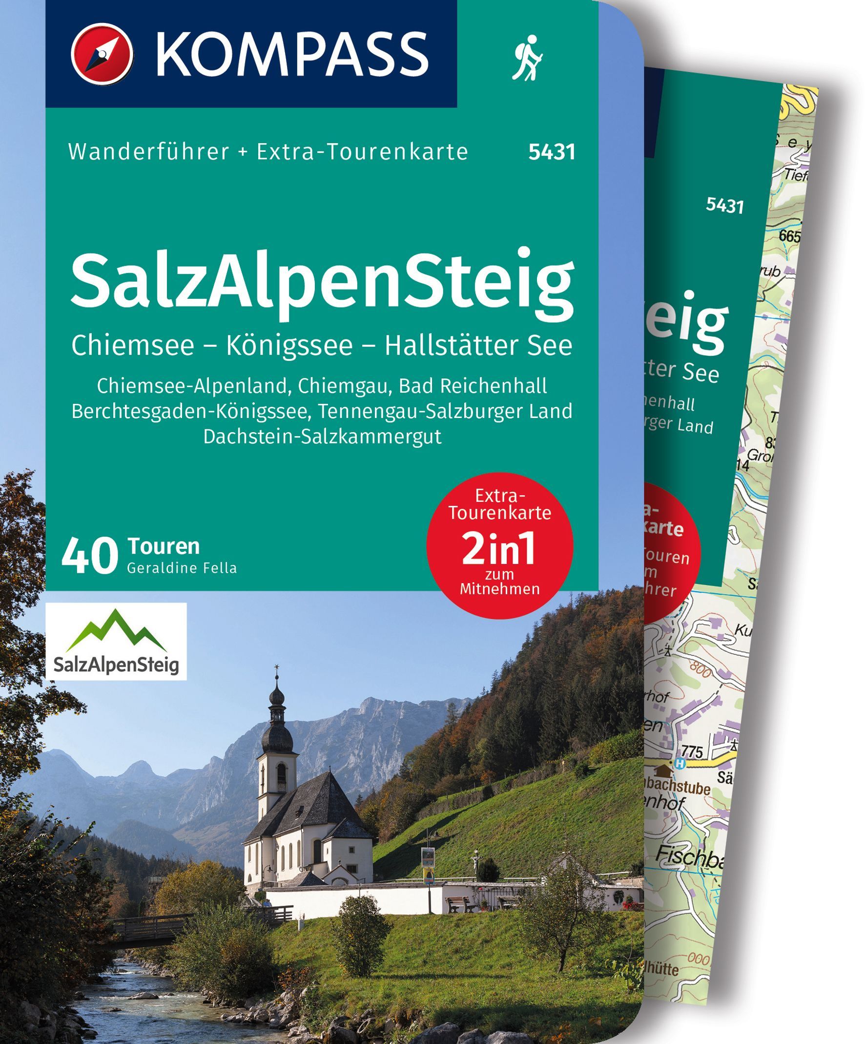9783991216315 KOMPASS Wanderführer SalzAlpenSteig, Chiemsee, Cover FLuss mit Kirche vor Berglandschaft