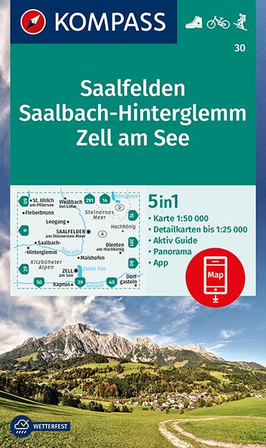 9783991213871 KOMPASS Wanderkarte Saalfelden, Saalbach-Hintergl., grpnweg zu einem Dorf mit Bergen im Hintergrund