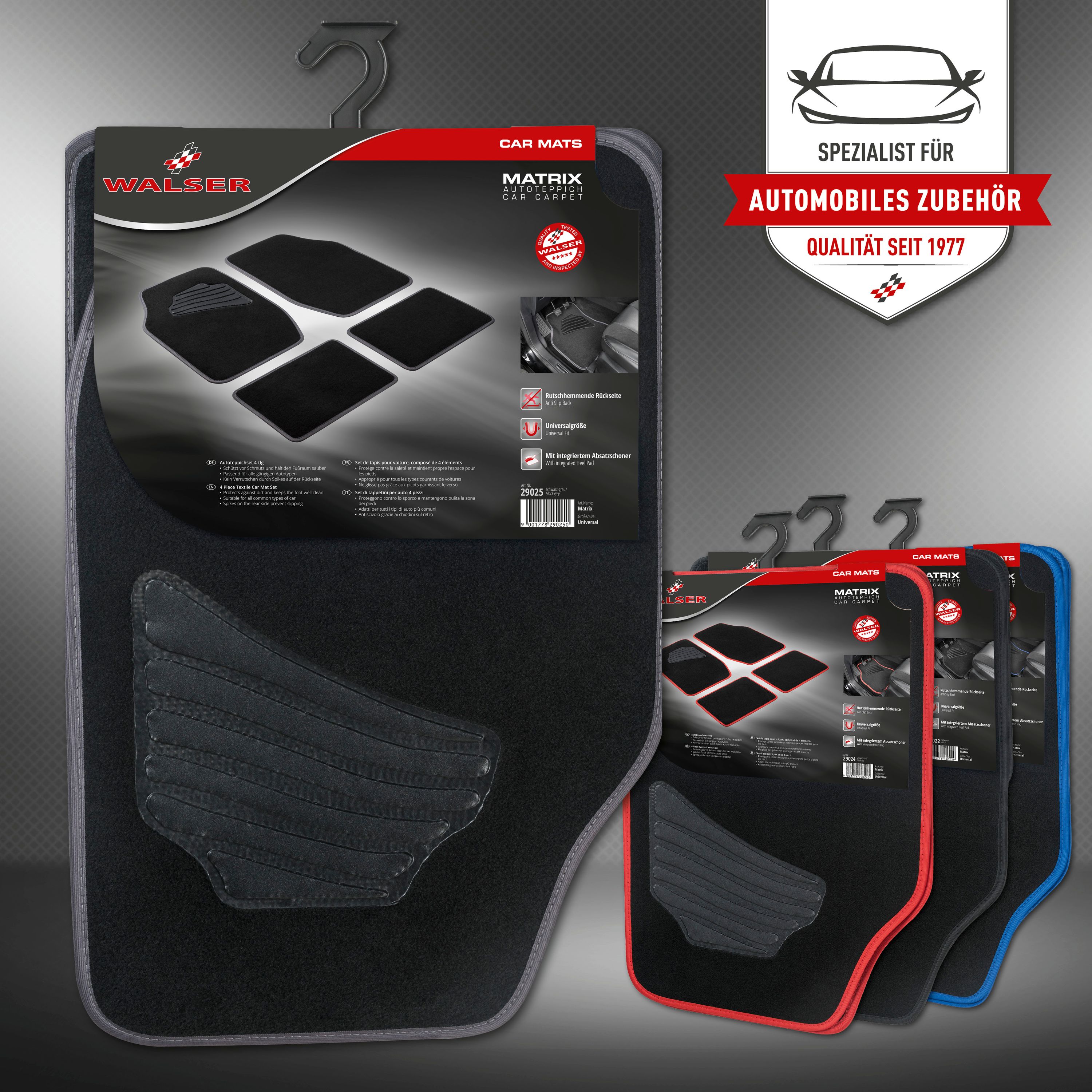 Teppichsets in den verschiedenen Farben und in den Verkaufsverpackungen