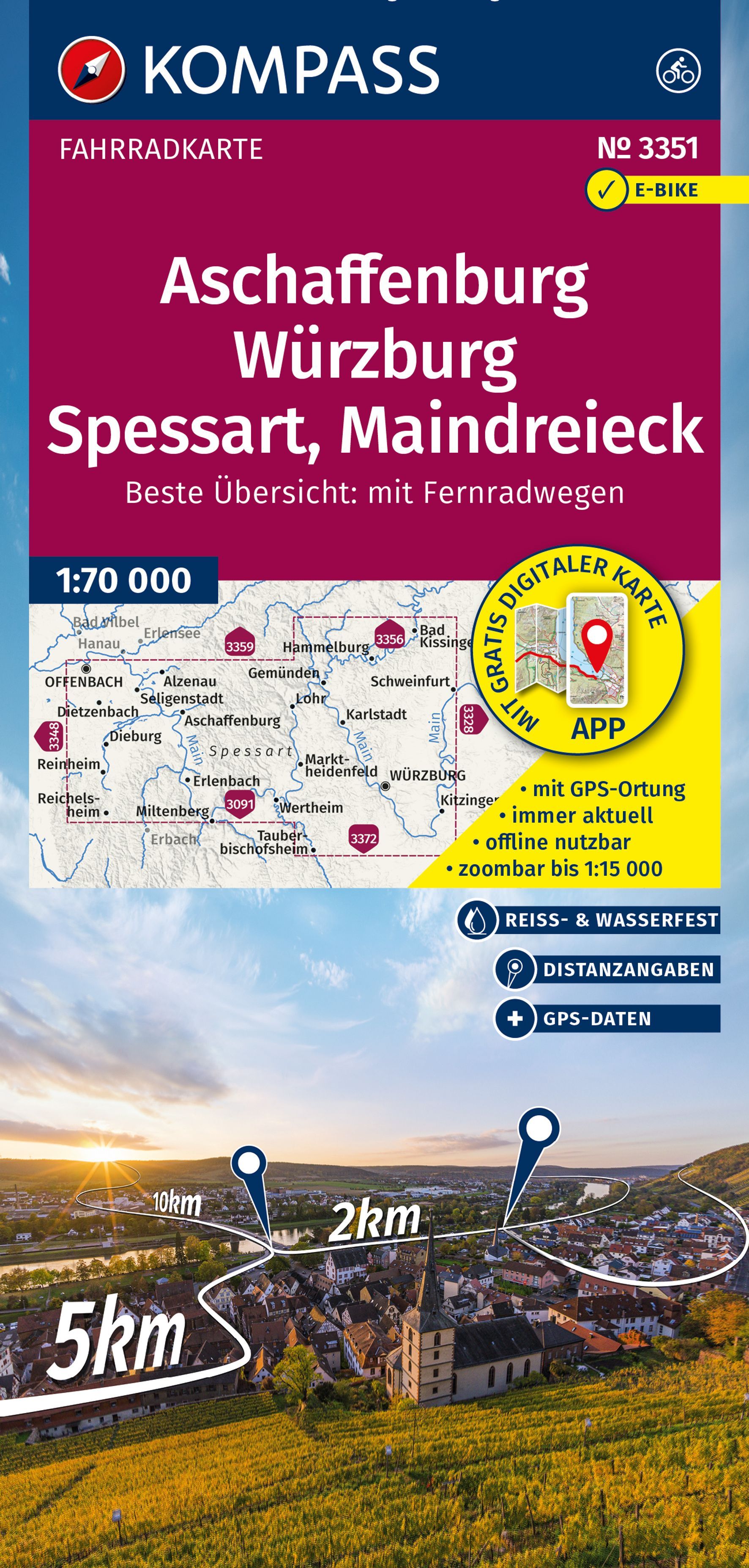 KOMPASS Fahrradkarte Aschaffenburg, Würzburg Cover Werbung, Plakat, Draußen, Windmühle