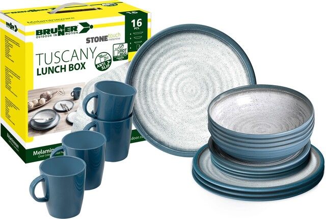 Lunchbox, Melamin, Blaue Tassen, Blaue Teller, Steinstruktur