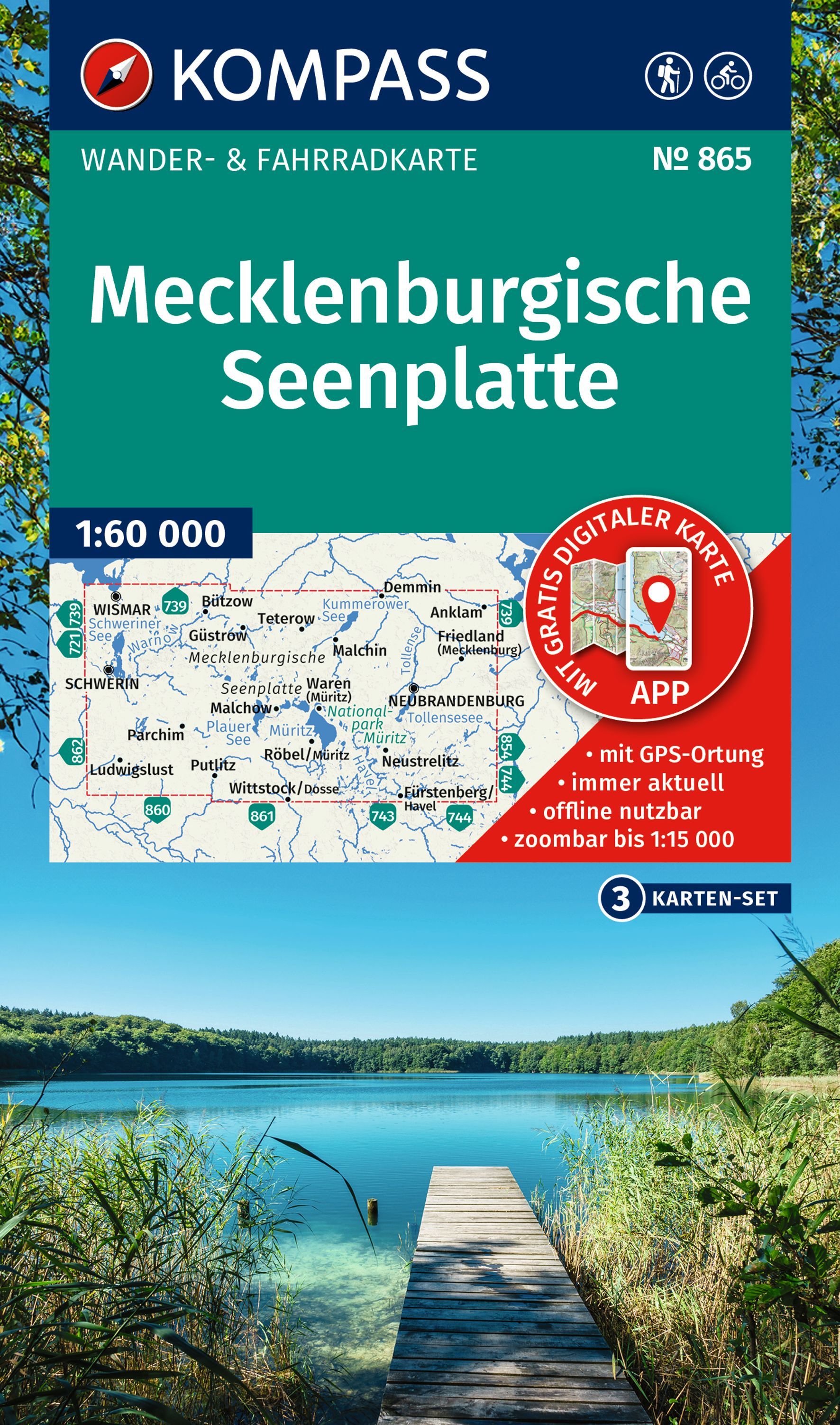 KOMPASS Wanderkarten Mecklenburgische Seenplatte Wasser, Uferpromenade, Werbung, Plakat, Seebrücke