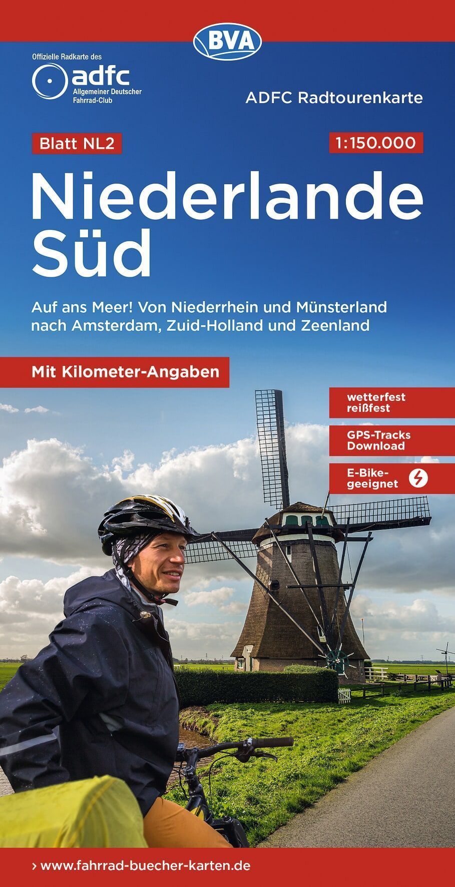 Radtourenkarte, Niederlande Süd, Windmühle, Fahrradfahrer, DX Cartographic