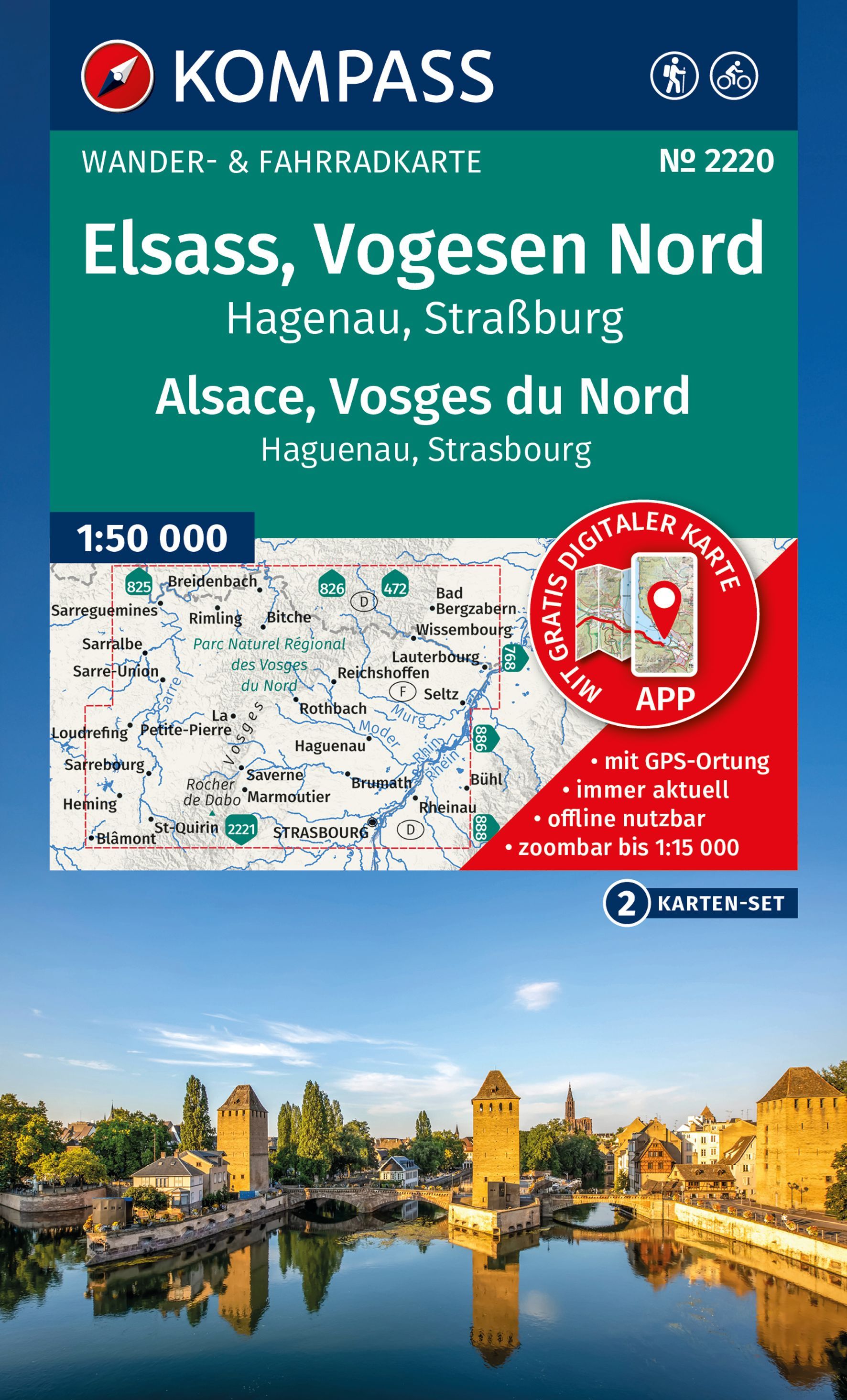 KOMPASS Wanderkarten-Set 2220 Elsass, Vogesen Nord Werbung, Plakat, Wasser, Uferpromenade, Stadt