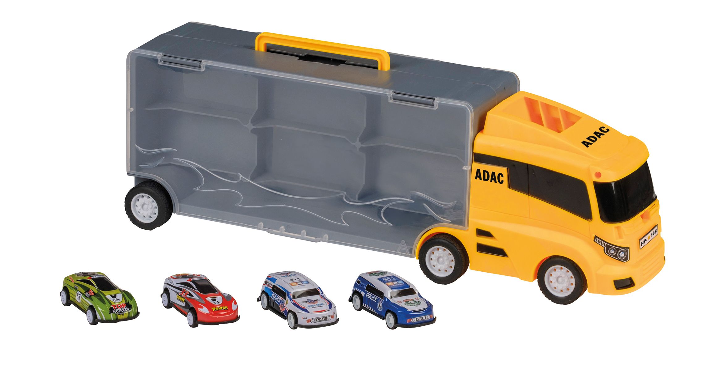 LADAC, Spielzeug-LKW, gelb, Transporter, Spielzeugautos, vier Autos, grau, Stauraum, kindgerecht, realistisch, Spiel.