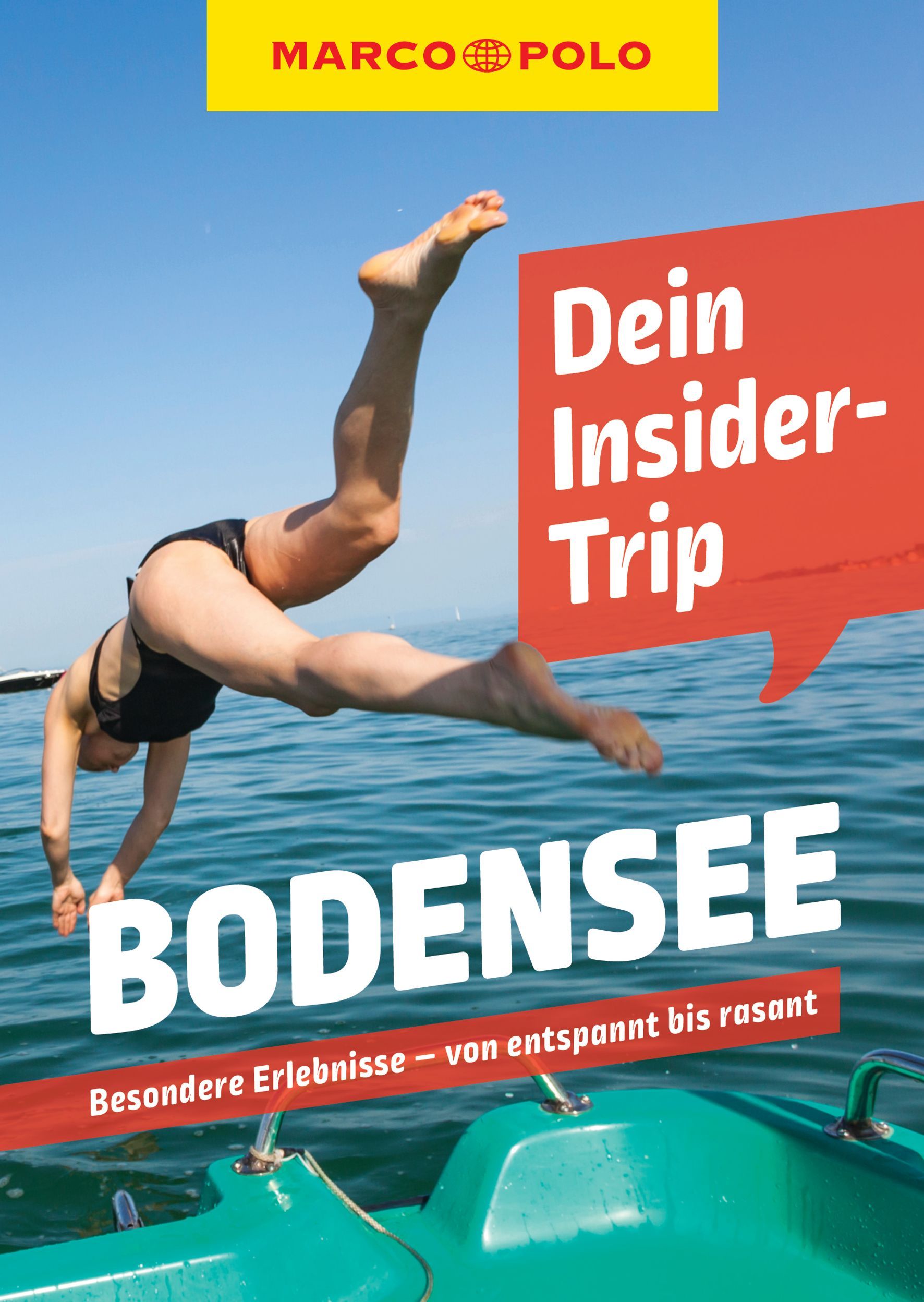 9783829747608 MARCO POLO Dein Insider-Trip Bodensee, Cover Frau Springt von Boot ins Wasser