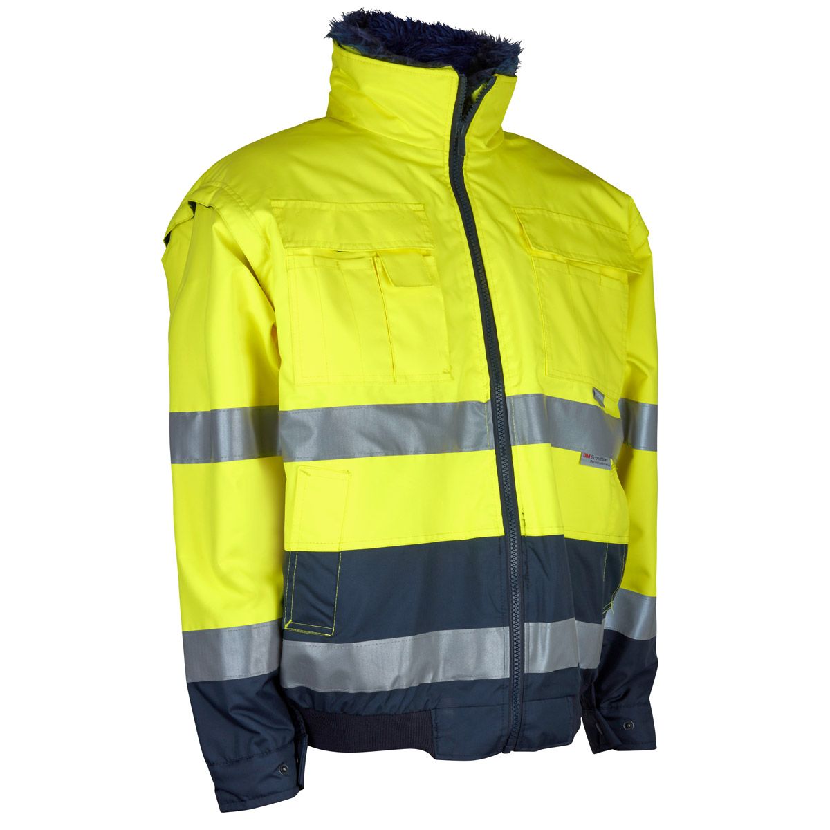nrh20012001-warnschutzjacke-comfort-l-seite Warnjacke, Gelb oberhalb, reflektionsstreifen, unten dunkelblau