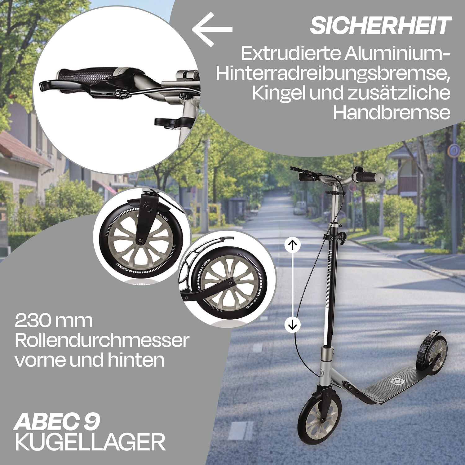 E-Scooter, Faltbar, Aluminium, ABEC 9 Kugellager, 230 mm Rollen