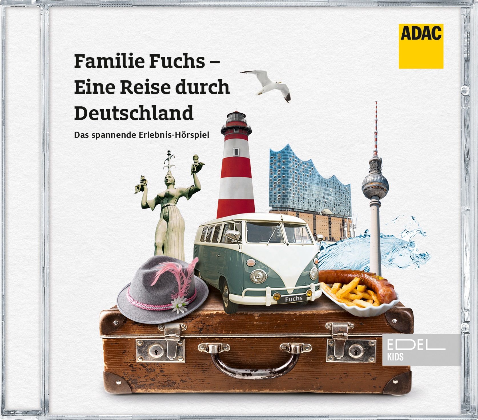 0215558KID_ADAC_Deutschlandreise_Packshot_RGB ADAC Hörspiel, Reise durch Deutschland, Cover mit verschiedenen Wahrzeichen und großem Koffer