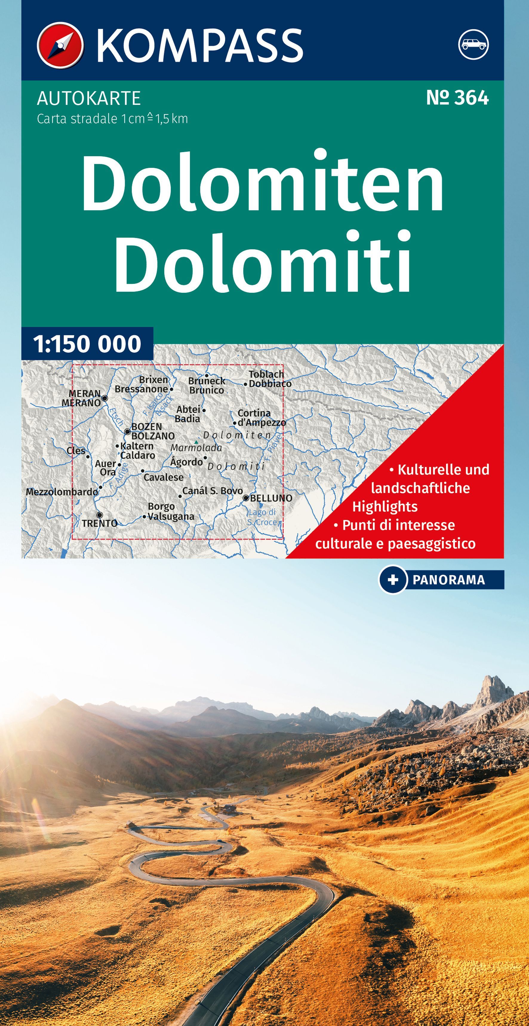 KOMPASS Auto- und Panoramakarte Dolomiten Werbung, Plakat, Visitenkarte, Text, Draußen