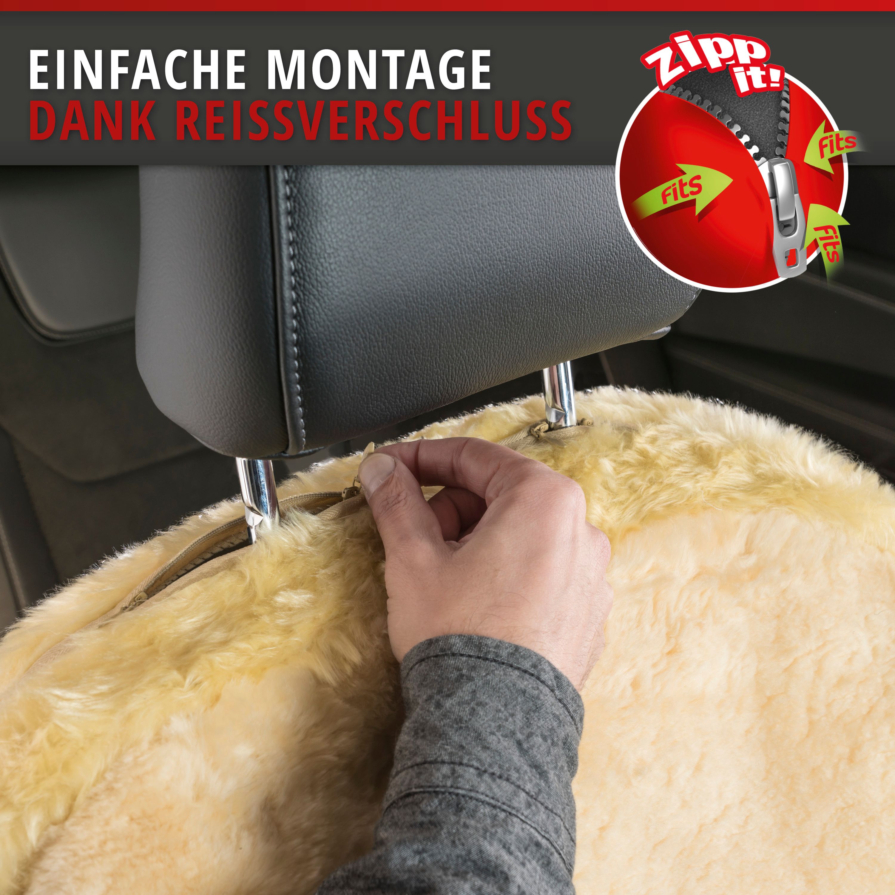 Autositzbezug Nineve beige, Einfache Montage unterhalb der Kopfstütze