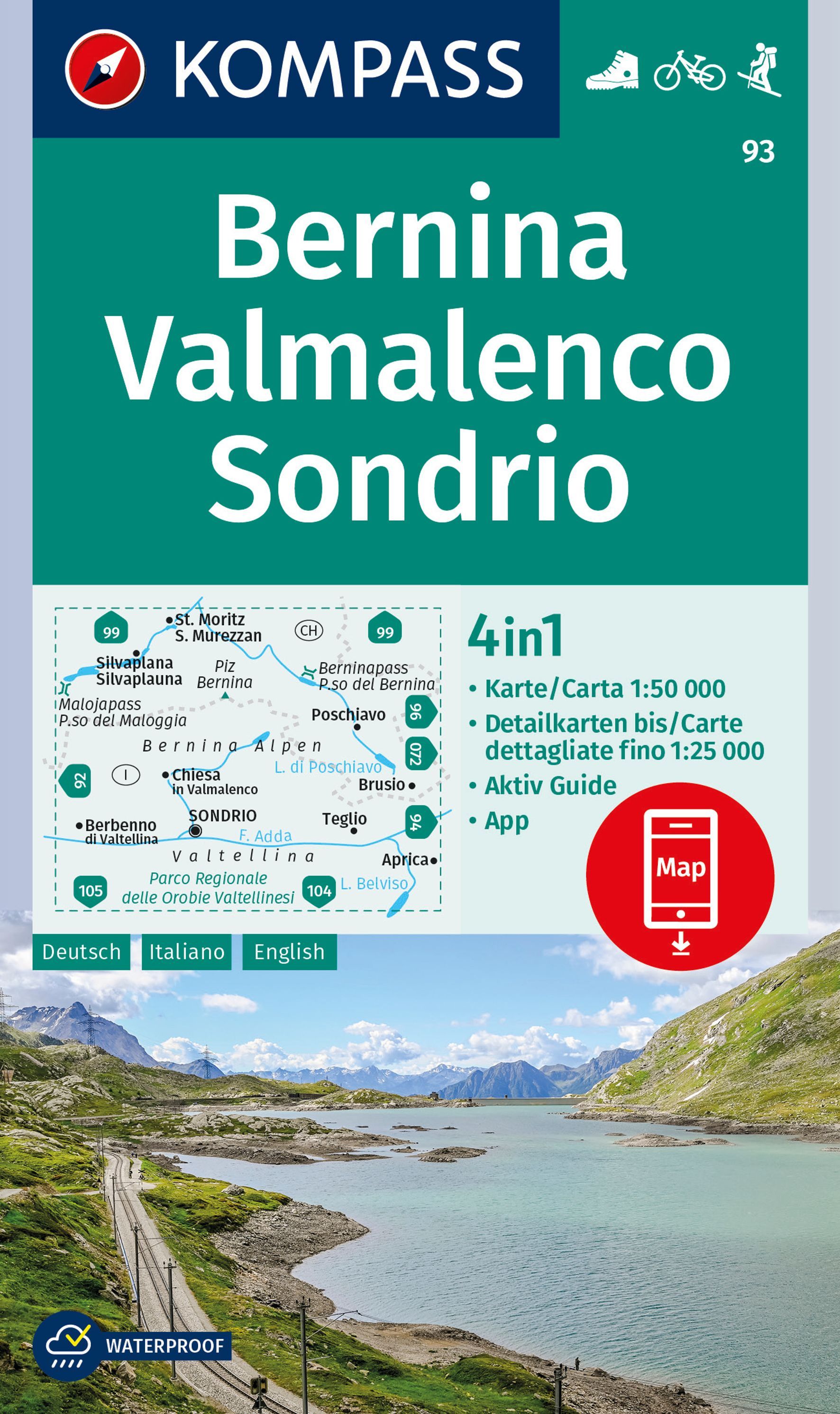 9783991215905 KOMPASS Wanderkarte Bernina, Valmalenco, Sondrio, Cover mit Fluss und Landschaft