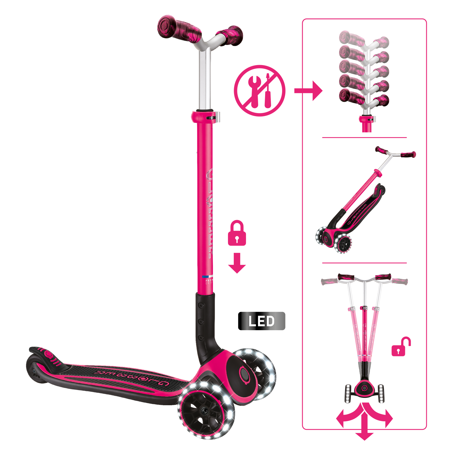 Faltbarer Scooter, LED-Räder, Pink, Dreirad-Scooter, Teleskop-Lenker