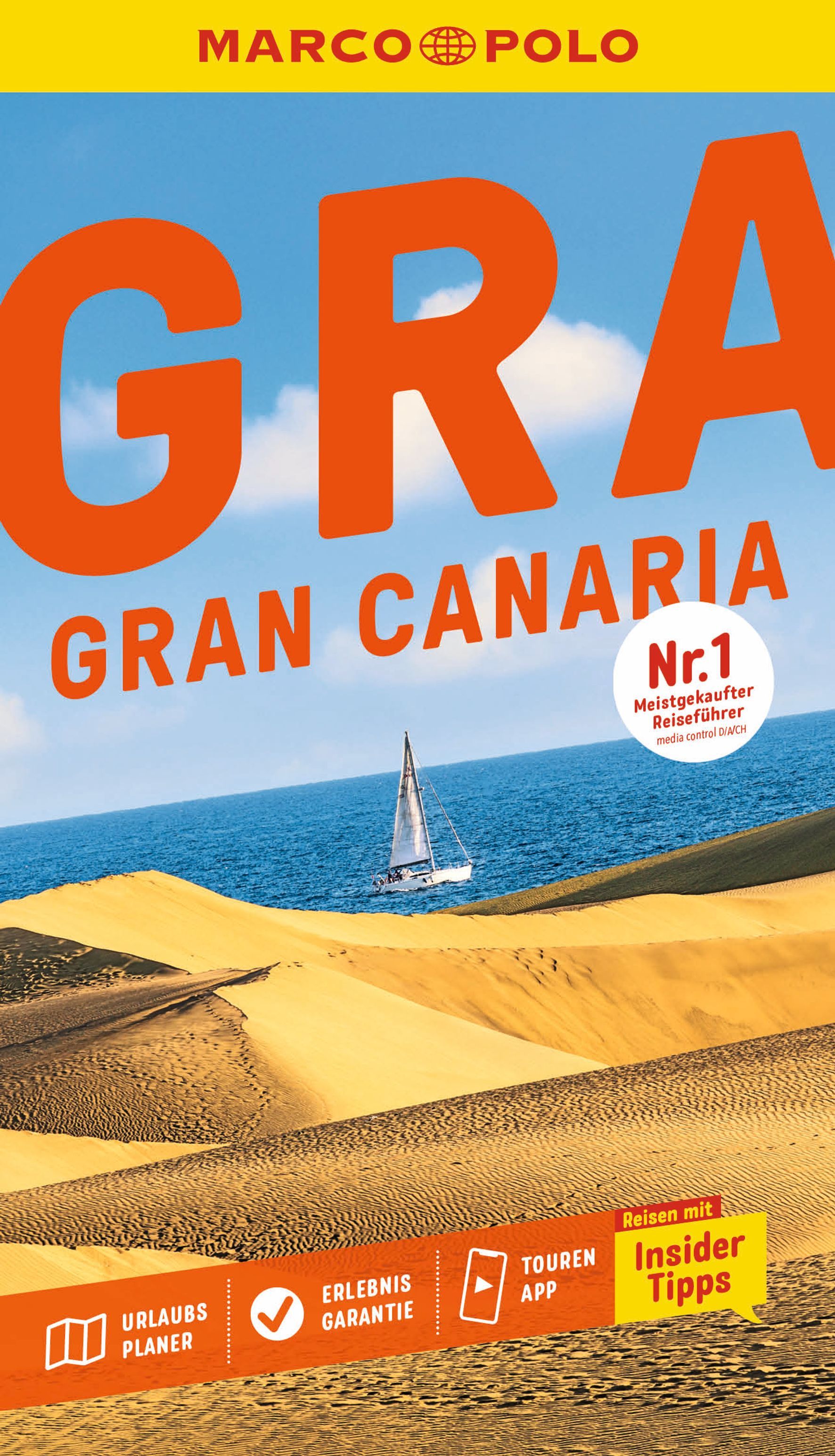 MARCO POLO Reiseführer Gran Canaria Cover Marco Polo Reiseführer Gran Canaria. Wüstensand mit Meer im HintergrundWerbung, Plakat, Boot, Buch, Sommer